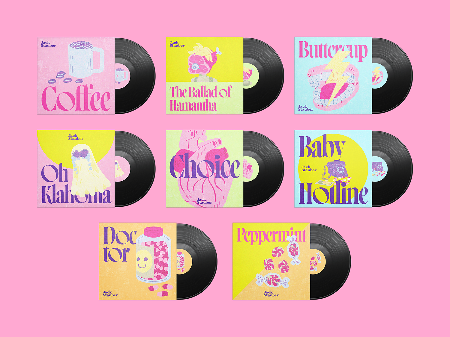 Cover Image for "Jack Stauber" Albums The cover image for "Jack Stauber" depicts the designer's take on making album covers for the music artist. The colors are inspired by risograph printing (printing with soy ink and limited colors), with whimsical illustrations combined with modern, dynamic