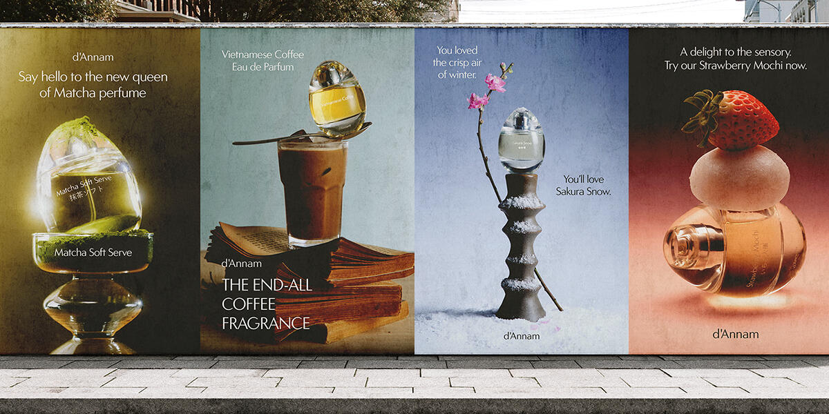 Cover Image for "d'Annam" This image depicts a wall full of advertisements for d'Annam's lines of perfumes. The photography used is directed in a dark, mysterious and luxurious tone.