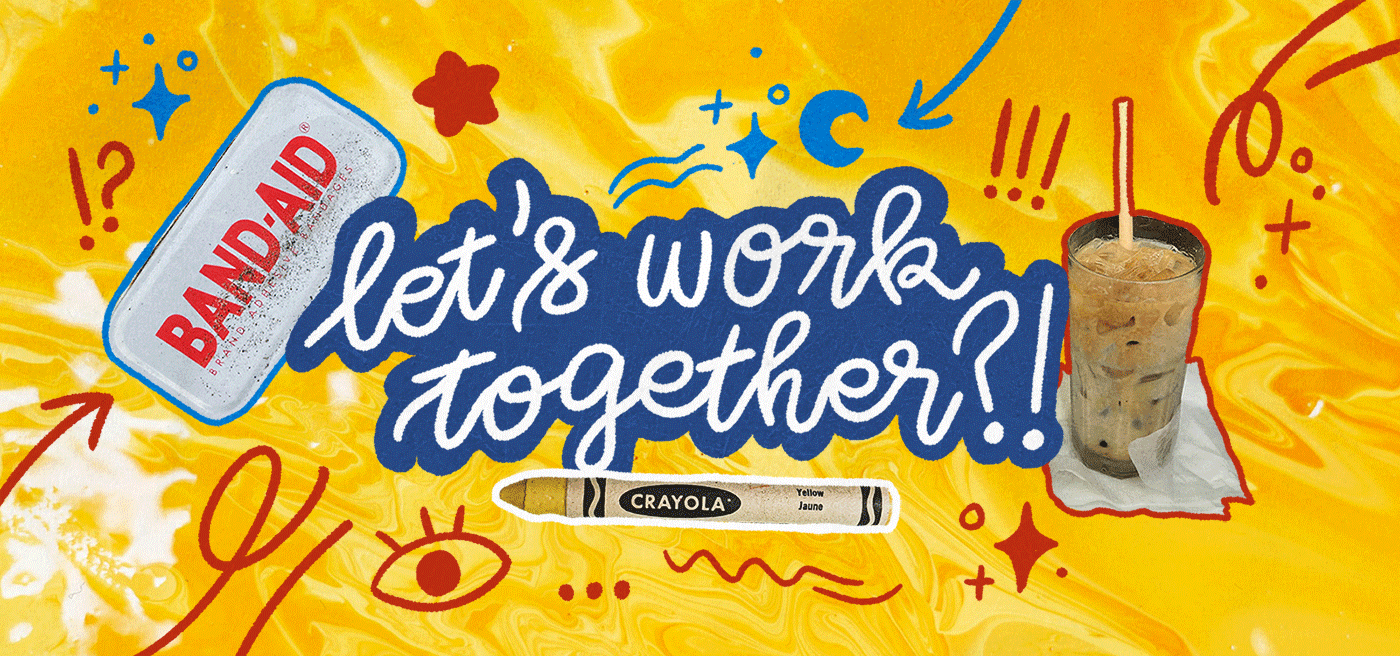 This is the ending header (or footnote) for Phuong Ree's design portfolio. It contains the doodle handwriting of "Let's Work Together". The illustration is animated with similar graphics such as Vietnamese coffee, a yellow crayon and band-aids. There are f