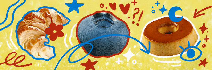 A decorative banner containing three cut-out graphics of a croissant, a blueberry and a serving of caramel flan. These are things Ree likes and some of their attributes can be seen in her work.