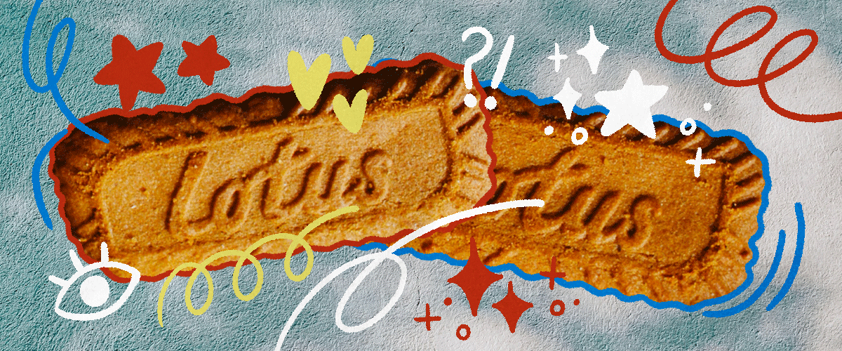A decorative banner containing two cut-outs of Biscoff cookies. They are moving quirkily, with cute doodles surrounding them.