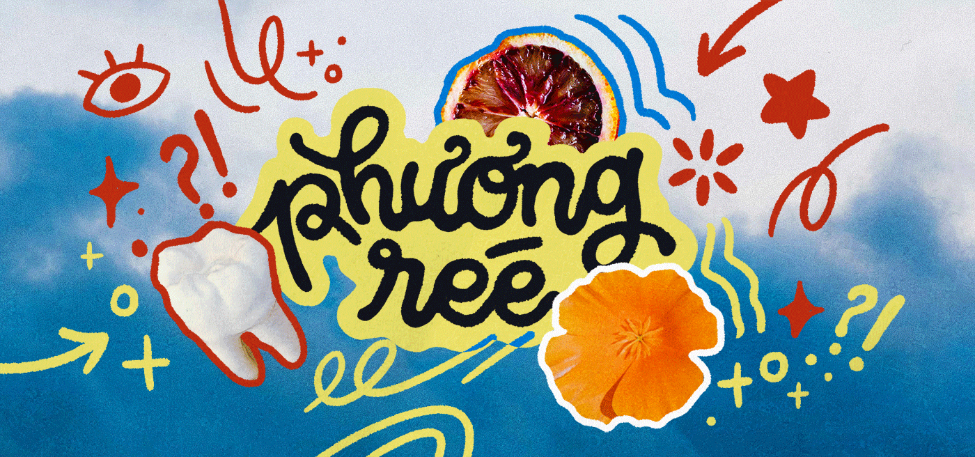 Animated header for Phuong Ree's portfolio. The title "Phuong Ree" is handwritten and there are graphics of California poppies, a tooth and blood orange slices moving around. There are fun doodles decorating.