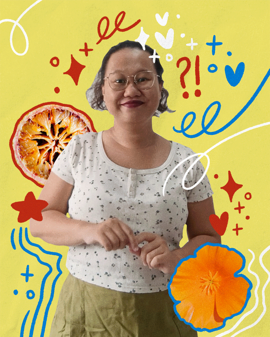 Ree's Profile Picture Animated profile picture of Phuong Ree, the artist and designer of this portfolio. She is moving quirkily and having a good time. There are repeated graphics of California poppies, band-aids, blood oranges, teeth and crayons. The color palette consists of
