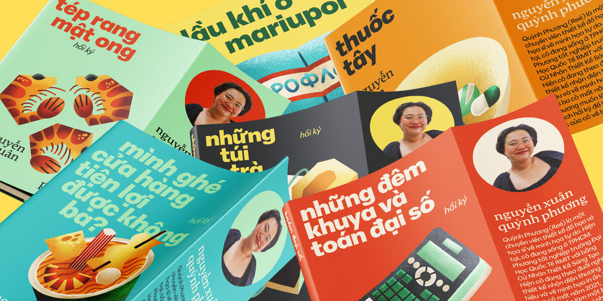 Cover Image for "Memoirs" Cover image for the project "Memoirs", in which the image depicts a collage of all the book covers designed within this project. It conveys the feeling of colorfulness, nostalgia and memory. The book covers leans on graphic-based design such as sans serif